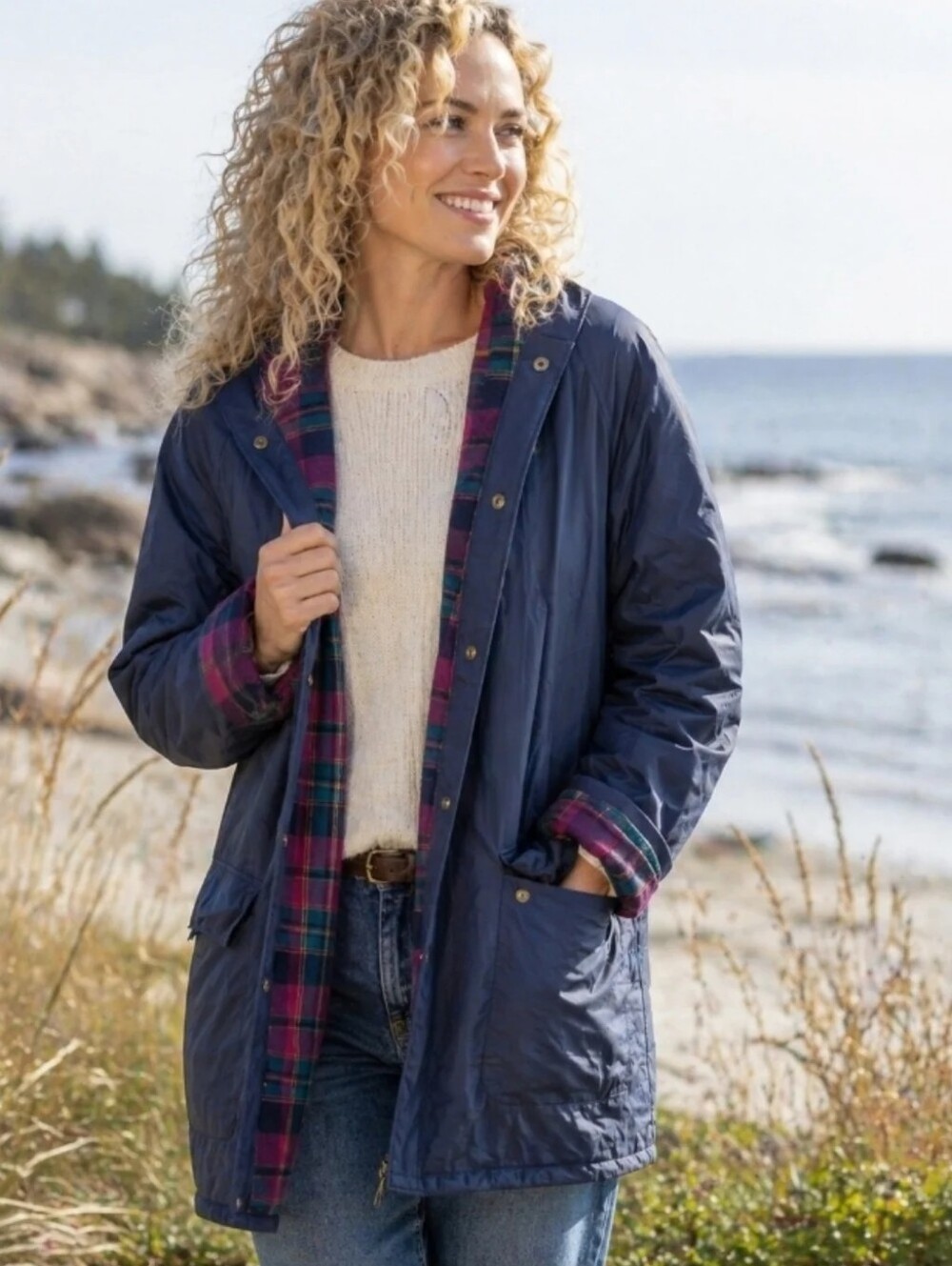 Like New Sailmaker Plum Hooded Raincoat with Plaid Flannel Lining, Large
